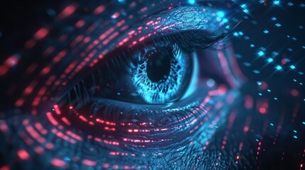The image presents a closeup of a blue eye reflecting red and blue digital lights