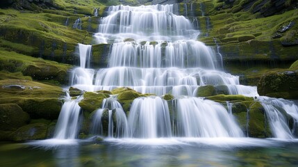 Obraz premium A picturesque waterfall cascading over moss-covered rocks, surrounded by lush greenery, high-resolution photo, realistic photo, cinematography, hyper realistic
