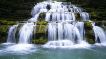 Obraz premium A picturesque waterfall cascading over moss-covered rocks, surrounded by lush greenery, high-resolution photo, realistic photo, cinematography, hyper realistic