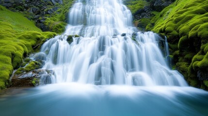 Obraz premium A picturesque waterfall cascading over moss-covered rocks, surrounded by lush greenery, high-resolution photo, realistic photo, cinematography, hyper realistic