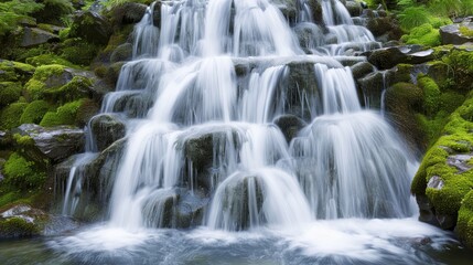 Fototapeta premium A picturesque waterfall cascading over moss-covered rocks, surrounded by lush greenery, high-resolution photo, realistic photo, cinematography, hyper realistic