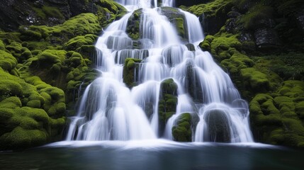 Obraz premium A picturesque waterfall cascading over moss-covered rocks, surrounded by lush greenery, high-resolution photo, realistic photo, cinematography, hyper realistic