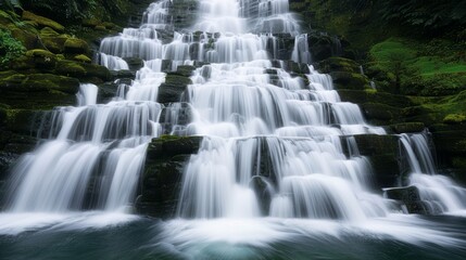 Fototapeta premium A picturesque waterfall cascading over moss-covered rocks, surrounded by lush greenery, high-resolution photo, realistic photo, cinematography, hyper realistic