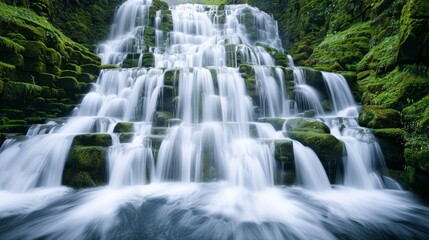 Fototapeta premium A picturesque waterfall cascading over moss-covered rocks, surrounded by lush greenery, high-resolution photo, realistic photo, cinematography, hyper realistic