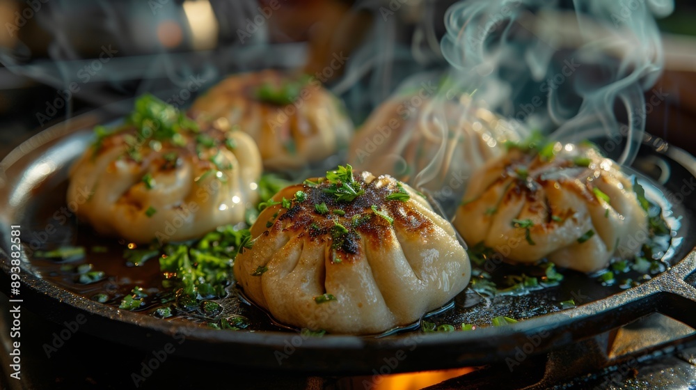 Poster georgian dumplings, famous georgian dish of spiced meat-filled khinkali dumplings, served piping hot to delight your taste buds