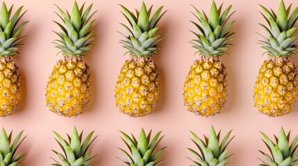 Fototapeta premium A repeating pattern of pineapples with green tops, on a soft pastel background, high-resolution photo, realistic photo, hyper realistic