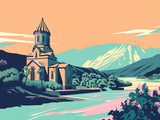 Naklejka premium Risograph vintage riso print travel poster, card, wallpaper or banner illustration, modern, isolated, clear, simple of Tbilisi, Georgia. Artistic, screen printing, stencil