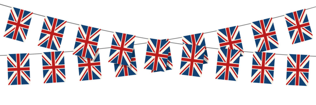 British bunting flags on white background. Union Jack bunting garlands.