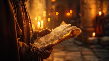A monk with an ancient scroll in his hands, inside a church illuminated with candles, historical and medieval atmosphere.