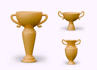 Set of gold cups and vases. Collection of luxury elements for awarding