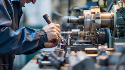 A technician working diligently on intricate machinery in an industrial workshop, emphasizing precision and technical expertise.