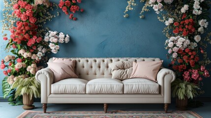 Obraz premium A plush white sofa sits against a teal wall adorned with red and white floral arrangements