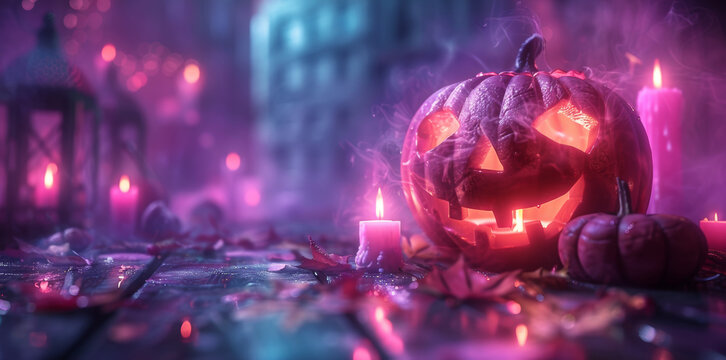 pink glowing jack-o-lanterns and candles in a haunted house, halloween banner for a magical event with an enchanting vibe