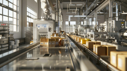 Fototapeta premium Bright warehouse filled with automated machinery sorting brown packages along conveyer belts in an organized manner.
