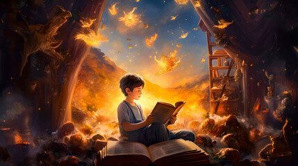 illustration of a boy reading a magic book at night in his room and surrounded by golden light like a fairy in a fantasy world