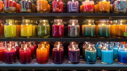 Shelves brimming with colorful candles in glass jars create a warm and inviting atmosphere, with a rich spectrum of hues lighting up the space.