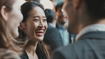 A dynamic scene full of smiles and laughter as colleagues enjoy an animated conversation at a bustling social event.