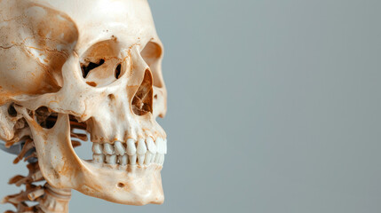 Close-up of a human skull with detailed anatomy on a gray background. Perfect for medical, educational, or scientific use.