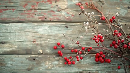 Christmas theme with red and white colors festive twig and berries on rustic wooden backdrop with holiday greeting
