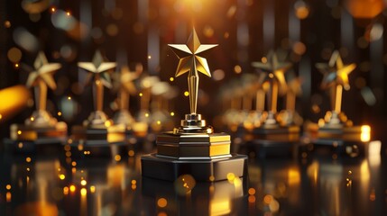 A row of golden stars are placed on a table, with one of them being the tallest