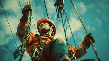 High voltage electrician working on high voltage power line. Electricity distribution