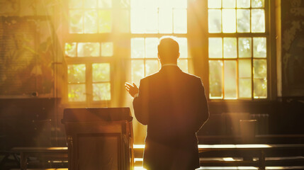 A man delivers a passionate speech from a podium in a sunlit hall, with rays of light streaming through large windows creating a dramatic backdrop.