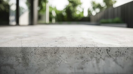 A close-up of a textured concrete surface outdoors, with blurred greenery in the background, emphasizing the material's depth and natural context.