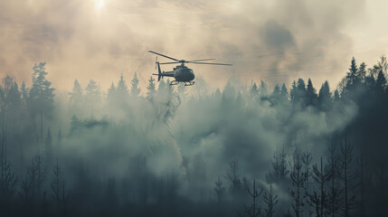 A helicopter hovers over a dense forest engulfed in smoke, suggesting a wildfire situation, with a hazy sky and trees silhouetted in the background.