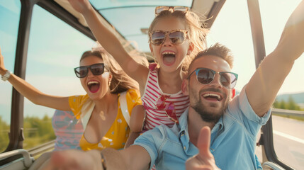 Three friends enjoy a thrilling ride on a sunny day, their faces beaming with excitement and joy, embodying the essence of friendship and adventure.