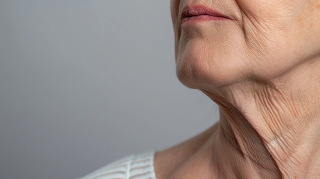 Close up of mature woman's neck with skin wrinkles.