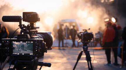 Fototapeta premium On a bustling film set, cameras capture the dynamic scene amid streaming lights and activity.