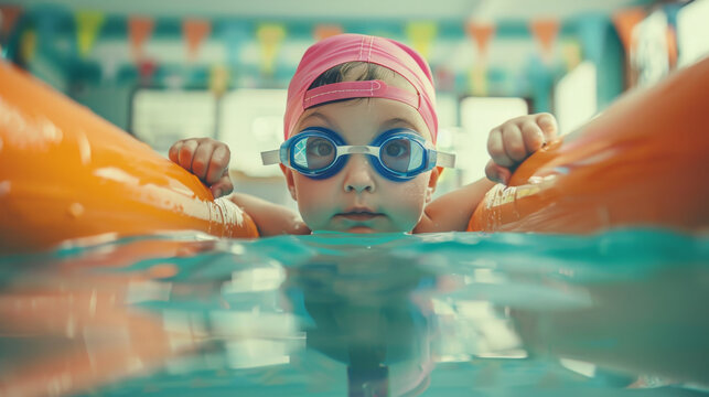 A young swimmer in a pink cap and blue goggles floats confidently in a pool, with a determined look on their face.