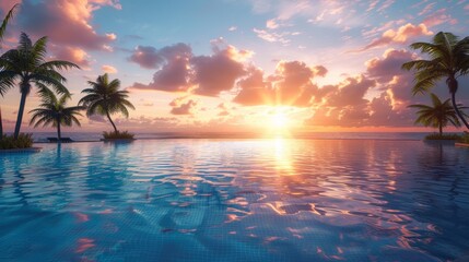 A Tranquil Sunset Reflecting on the Still Waters of a Pool Surrounded by Palm Trees
