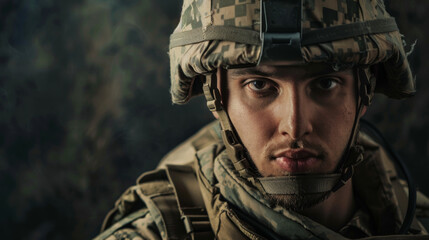 Fototapeta premium A determined soldier in uniform and helmet stares intensely, showcasing grit and readiness, with a camouflage background.