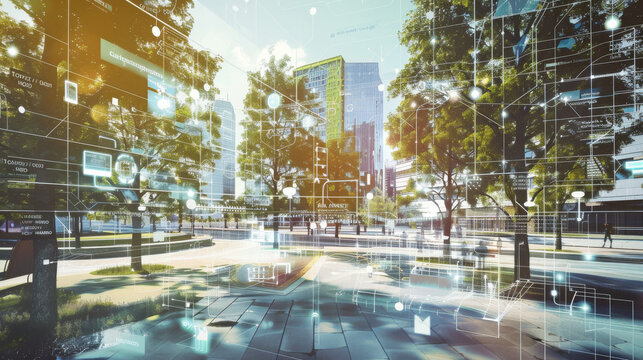 Digital overlays mix with a scenic park view, depicting a futuristic smart city teeming with technology and greenery.