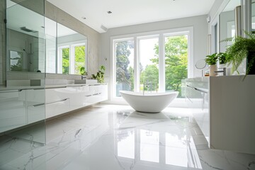 Fototapeta premium Modern bathroom featuring a freestanding bathtub, large windows with lush green views, and sleek white decor