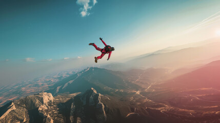 A daring skydiver plummets gracefully through expansive mountain ranges, capturing the thrill and freedom of free-fall at dawn.
