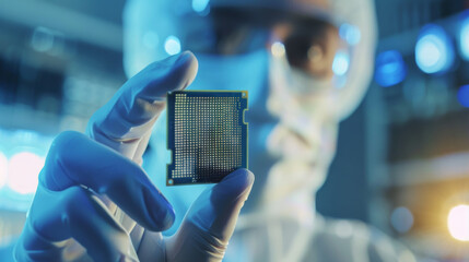 A scientist dressed in protective gear holds a high-tech microchip, emphasizing the cutting-edge innovations within a state-of-the-art laboratory environment.