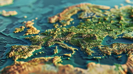 A highly-detailed topographic map of Europe highlighting diverse terrains, from mountainous regions to coastal areas, set on a calming blue background.