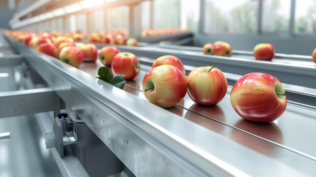 A conveyor belt in a modern factory with fresh apples neatly arranged, reflecting productivity and automization in the food industry.