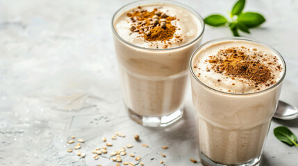 Two frothy milkshake glasses garnished with a sprinkle of cocoa powder against a light background.