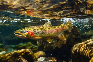 Underwater photo of a colorful rainbow trout swimming in a clear stream, highlighting its vibrant scales and natural surroundings. © Vitalii Shkurko
