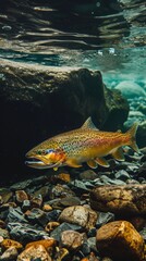Naklejka premium Underwater photo of a colorful rainbow trout swimming in a clear stream, highlighting its vibrant scales and natural surroundings.
