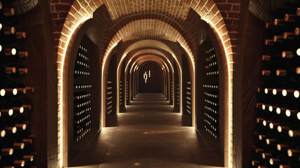 Obraz premium A beautifully illuminated wine cellar corridor with arched ceilings and rows of wine bottles neatly stored on the sides, exuding luxury and elegance.