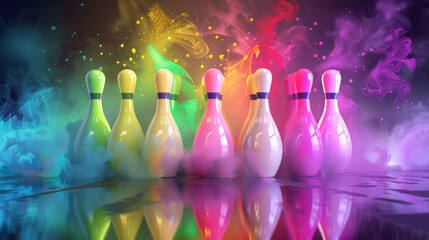 A mesmerising arrangement of neon-lit bowling pins stands amidst swirling clouds of colorful mist, creating a surreal and captivating scene.