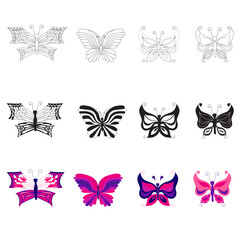 Set of butterflies in different flat, silhouette, doodle styles. Vector illustration isolated on white background.