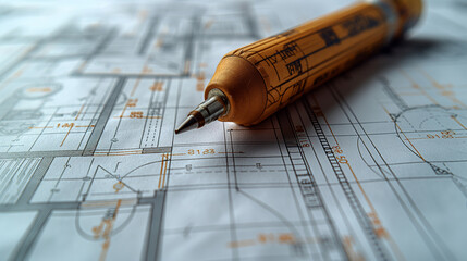 A telephoto angle photo of detailed architectural drawings and measurements on a construction plan, with a focus on the intricate lines and notes, with copy space