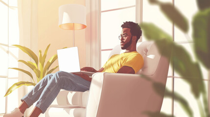A man reclines comfortably on a plush chair with a laptop on his lap, working in a sunlit, tranquil room adorned with minimalist decor and lush indoor plants.