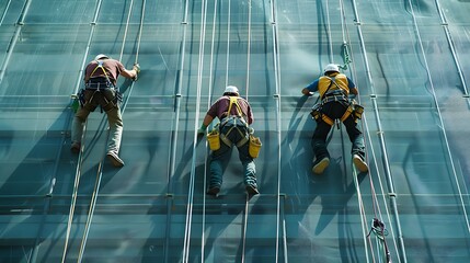 High angle view of workers cleaning windows of skyscrapers in business district