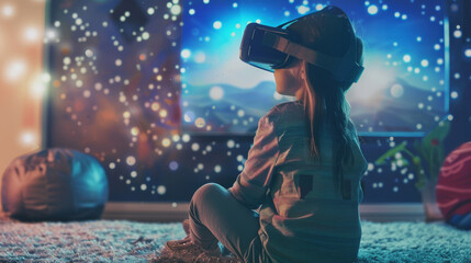 A girl in VR gear sits on the carpet, a dynamic view of a starry virtual world projected on the screen, blending reality and digital magic.